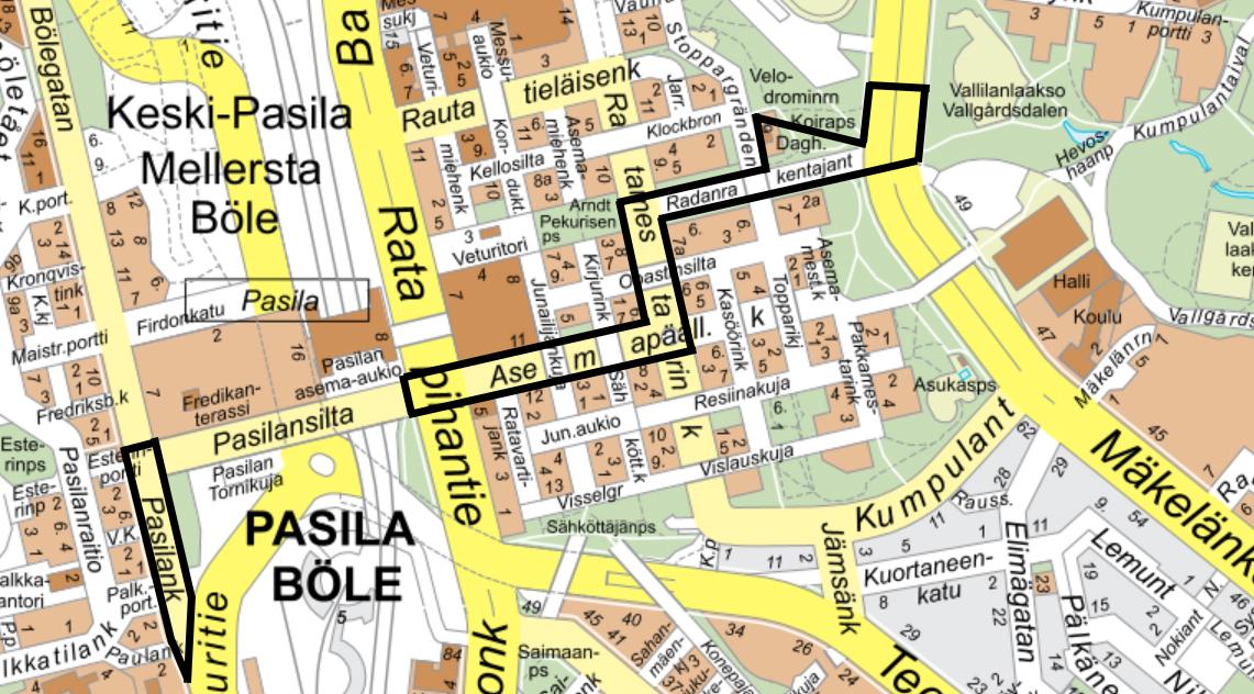 Pasilan pohjatutkimusalue osoitekarttapohjalla
