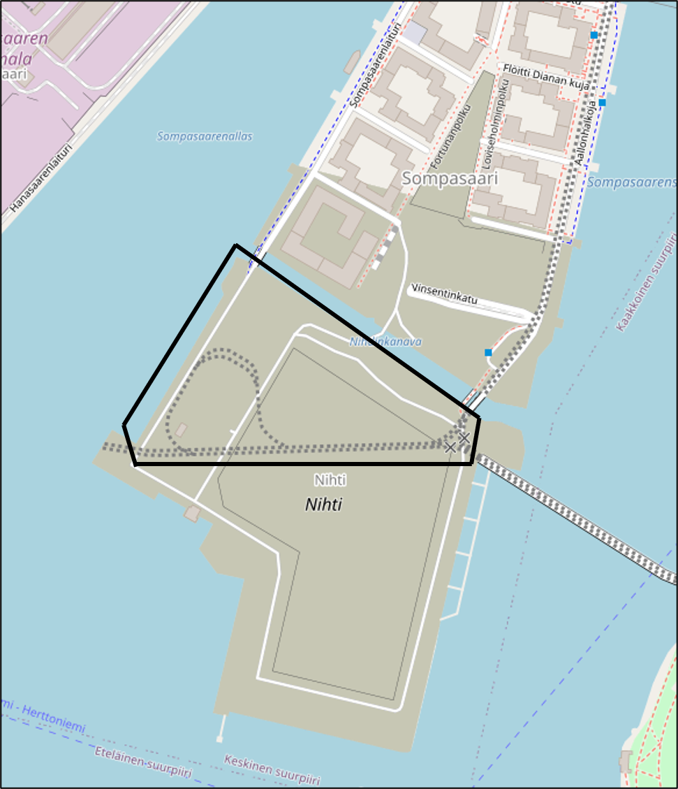Nihti ja työalue kartalla. Kuva: Openstreetmap.