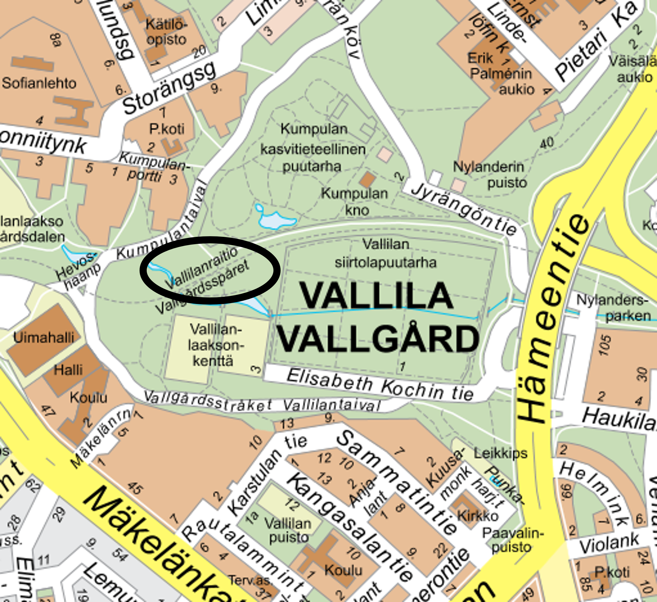 Inventointialueen likimääräinen sijainti opaskarttapohjalla.