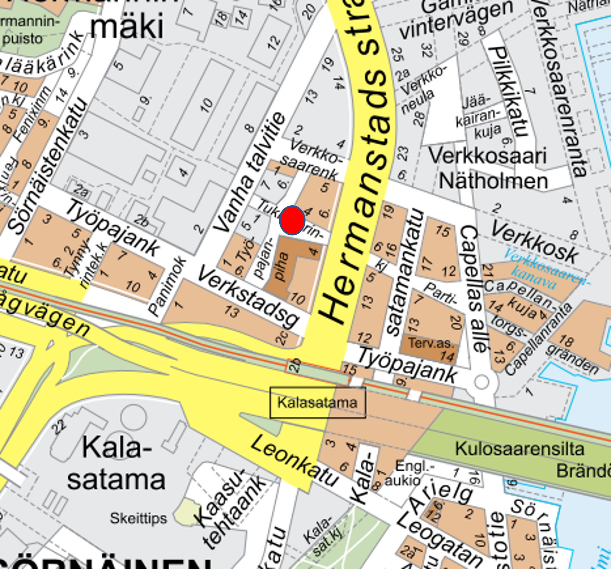 Kalasatamasta Pasilaan hankkeen esittelytilan sijainti.