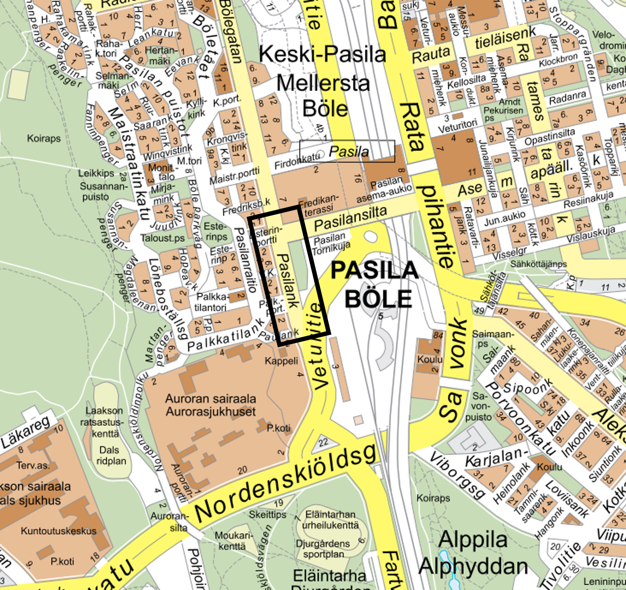 Opaskarttaan rajattu Pasilankadun alue, jossa liikennejärjestelyt muuttuvat 13.6.2022