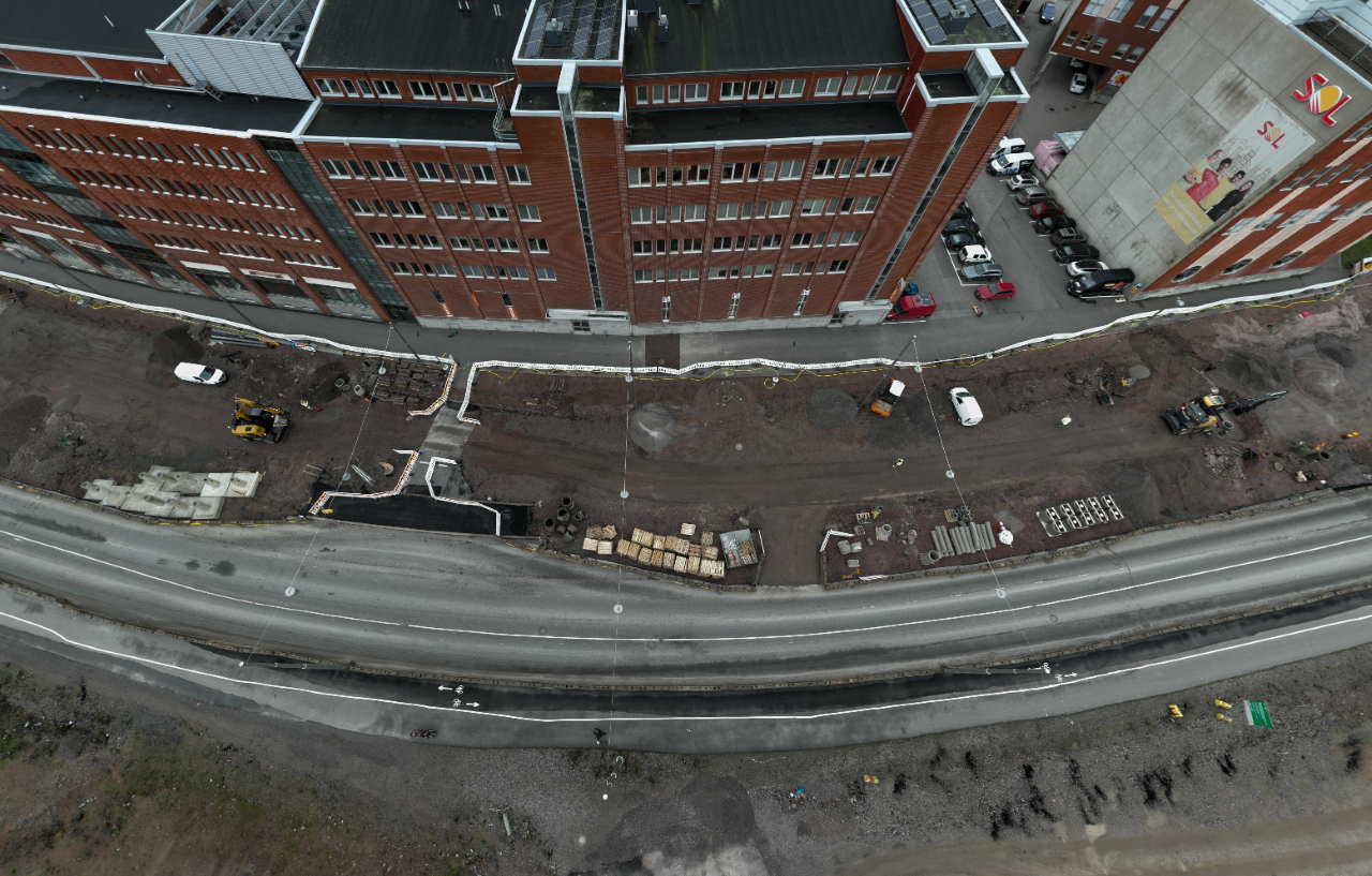 Kuva. Ilmakuva Hermannin rantatieltä Verkkosaarenkadun ja Vanhan talvitien väliltä.