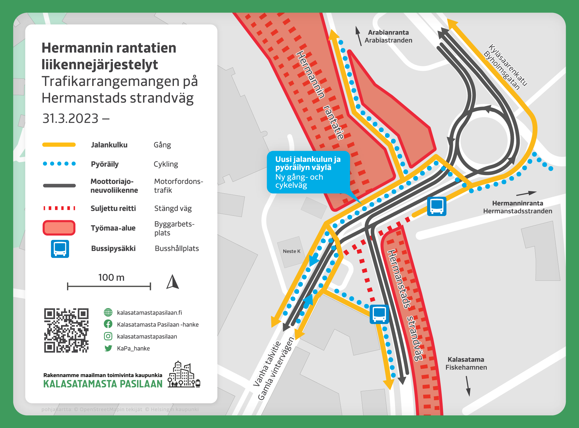 Kartta: Liikennejärjestelyt Hermannin rantatien ja Vanhan talvitien liitymässä sekä Vanhan talvitien ja Verkkosaarenkadun välillä 31.3. alkaen.