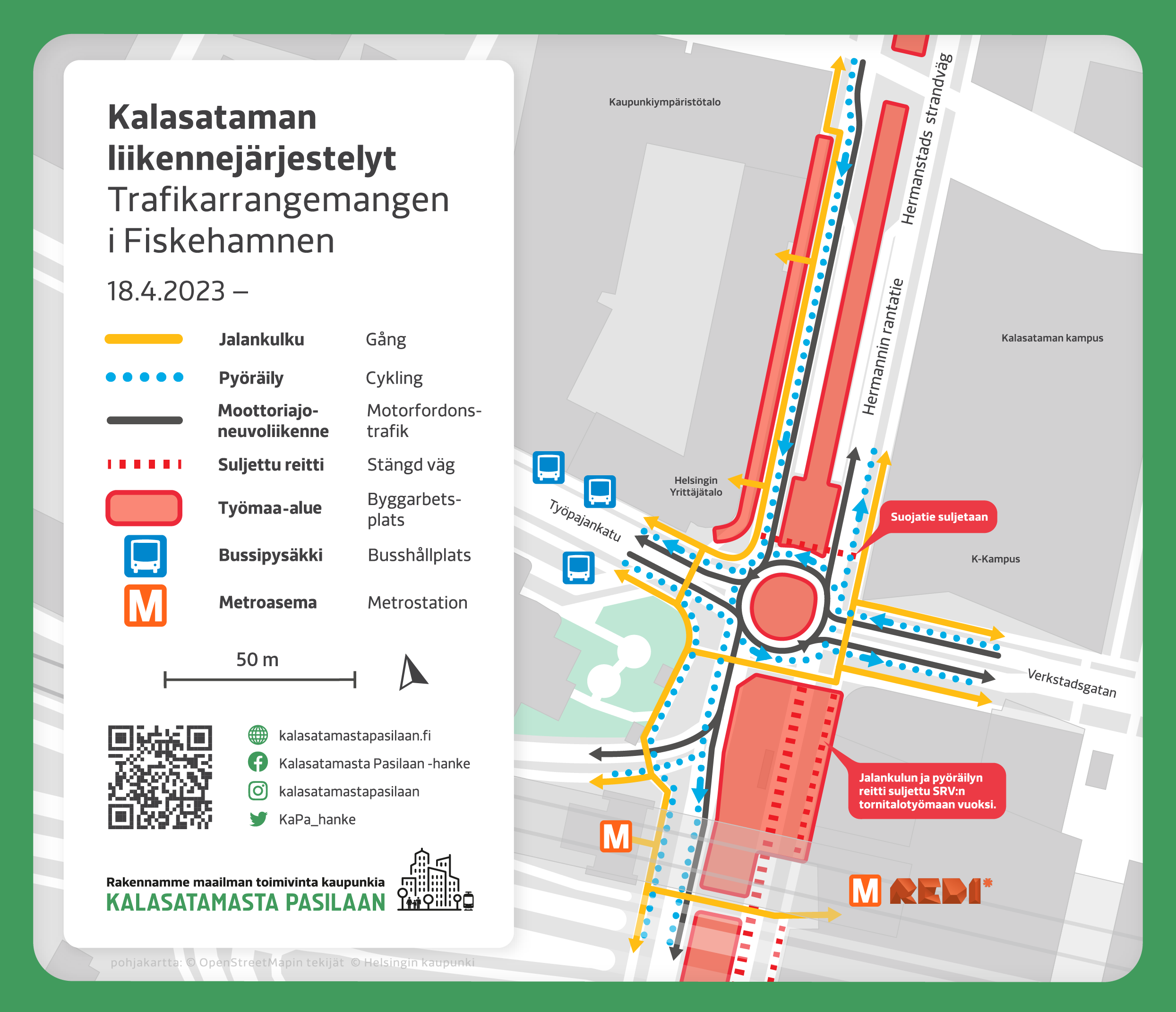Kuva. Hermannin rantatien ja Työpajankadun väliaikainen kiertoliittymäjärjestely 18.4. alkaen.