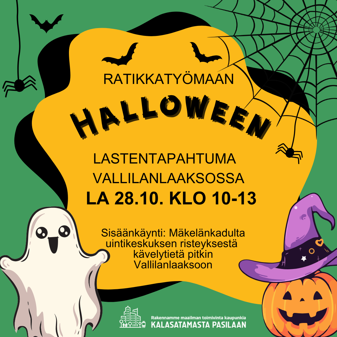 Halloween-lastentapahtuma: Ratikkatyömaan halloween lastentapahtuma 28.10. klo 10-13 Vallilanlaaksossa. Kummitus, kurpitsa, lepakoita ja hämähäkkejä.