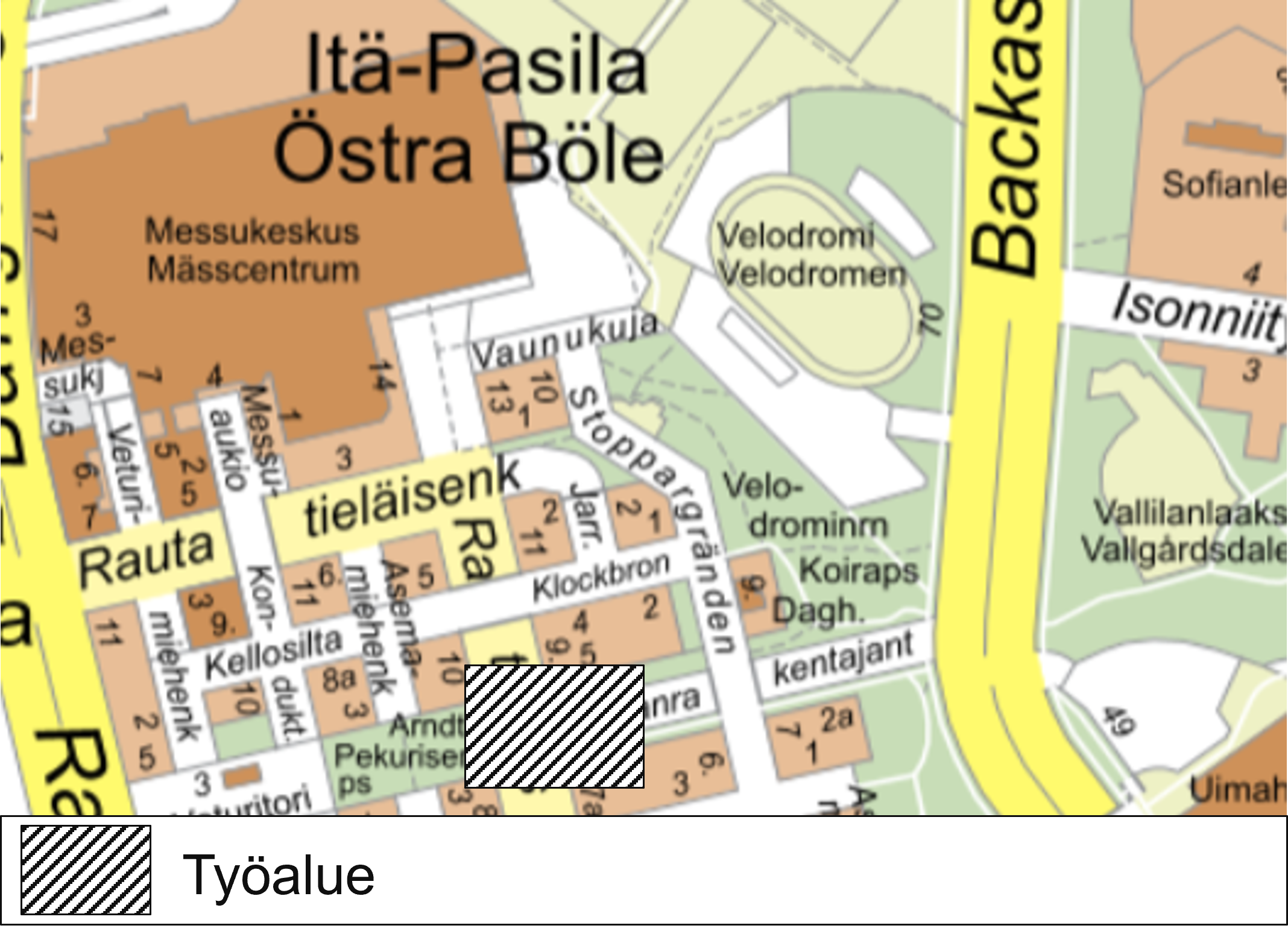 Kartta. Radanrakentajantien ja Ratamestarinkadun risteys kartalla.