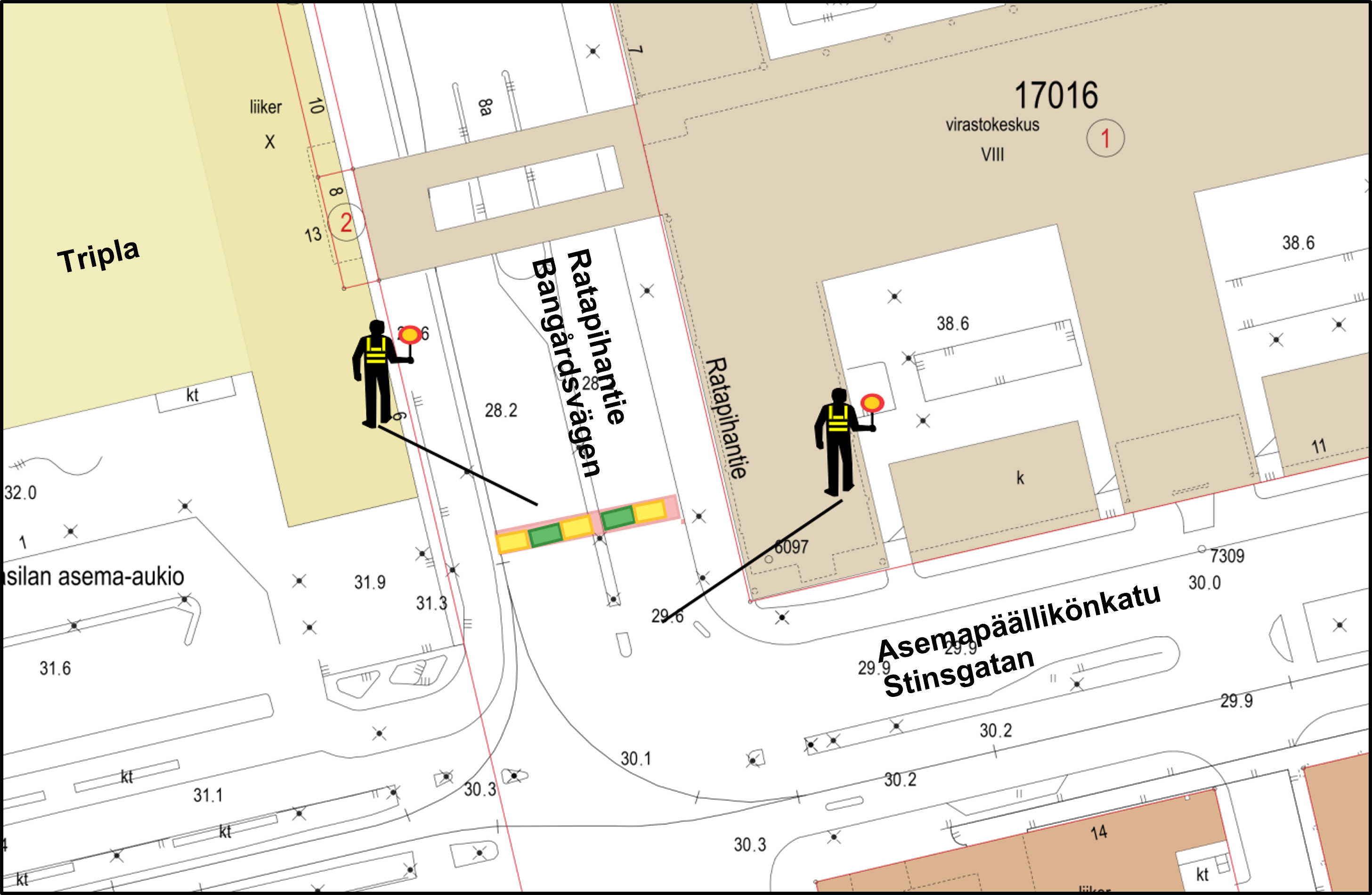 Kuva. Suljettavat kaistat ja liikenteenohjaajien sijainti Ratapihantiellä ja Asemapäällikänkadulla.