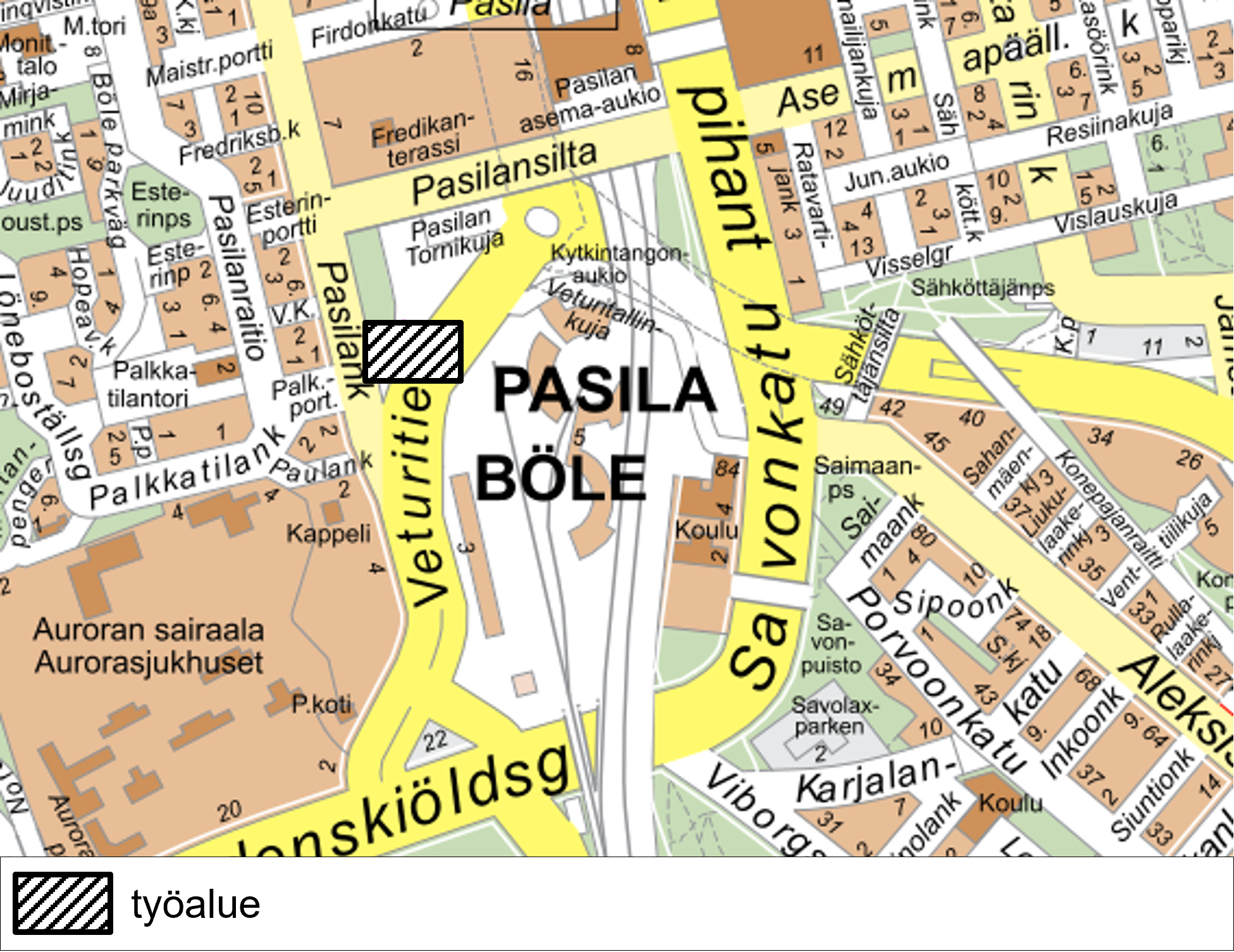 Kuva. Työalue Veturitiellä 15.1. alkaen.