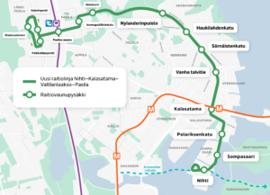 Nihti-Kalasatama-Vallilanlaakso-Pasila -raitiolinjan reittikartta.