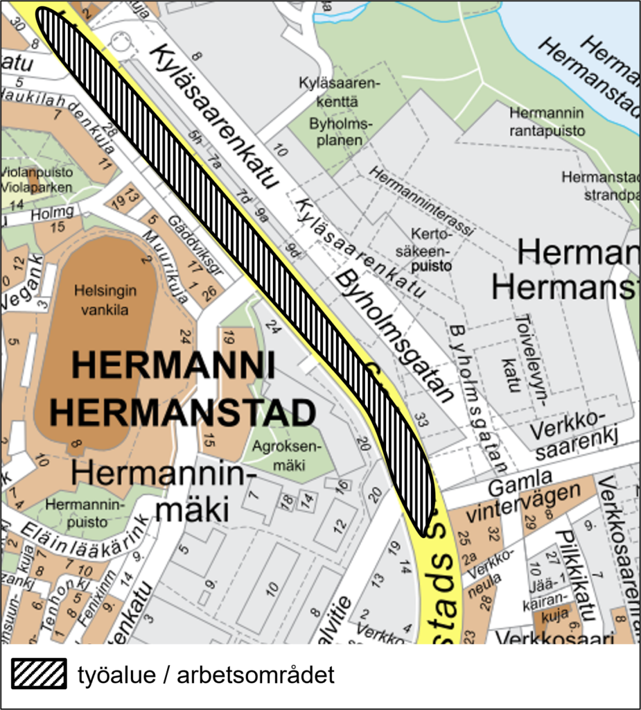 Kartta. Kartassa on maalattu Haukilahdenkadun ja Vanhan talvitien välinen osuus Hermannin rantatiestä. Alueella asfaltoidaan 22.5. ja 23.5.